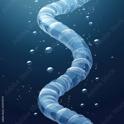 vector style flat illustration slinky, close-up, underwater background, floating slinky with bubbles around spirals. clean lines 2D design photo