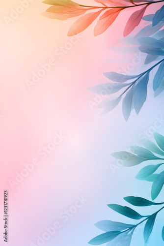 A minimalist composition focusing on the layered shapes of cypress foliage, with faint garden elements blurred in pastel hues behind,