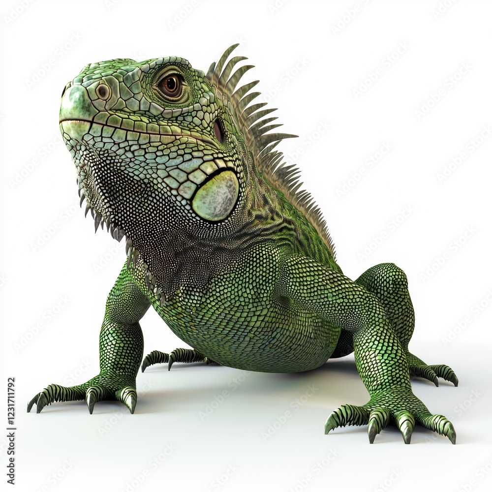 Obraz premium Large green iguana with spiky scales along its back, placed on a bright white background