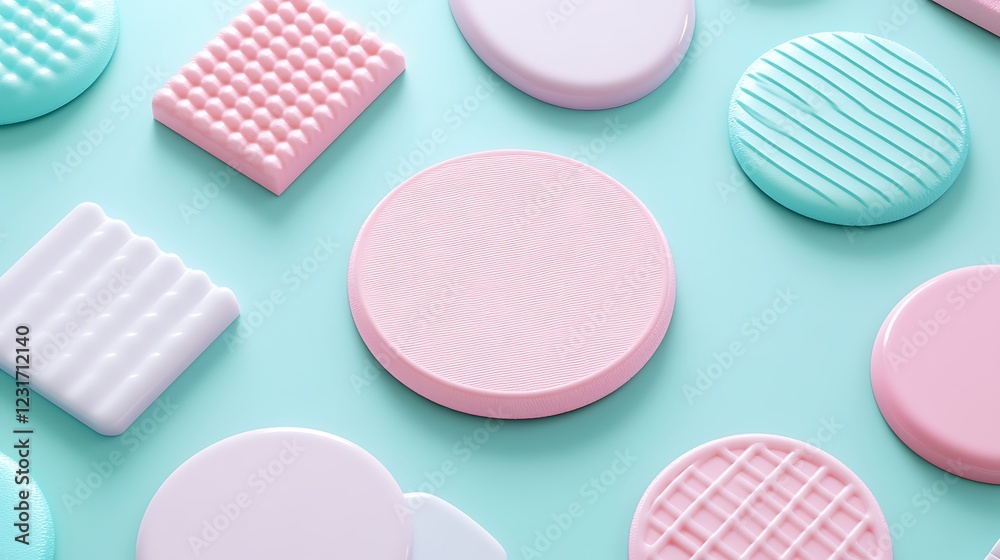 Fototapeta premium Colorful Pastel Background with Various Textured Round Shapes in Soft Pink and Light Blue Tones for Creative Use