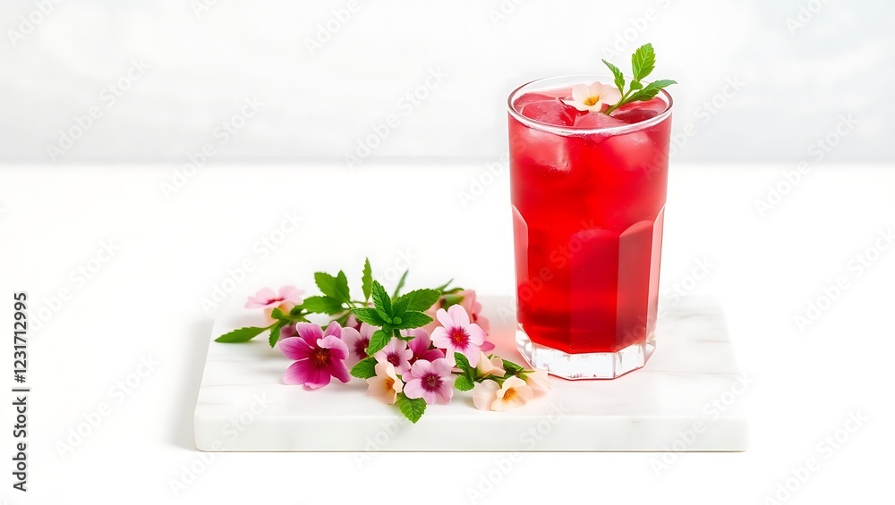 Refreshing Red Drink with Floral Accents on a Stylish Tray Refreshing Red Drink with Floral Accents on a Stylish Tray