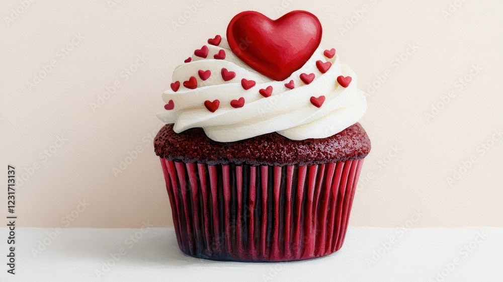 A delightful red velvet cupcake topped with creamy frosting and heart-shaped decorations, perfect for Valentine's Day or any celebration. A delightful red velvet cupcake topped with creamy frosting and heart-shaped decorations, perfect for Valentine's Day or any celebration.