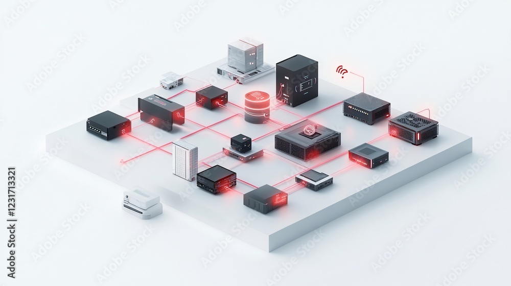 Network security system, data center, server room, isometric, vulnerability alert Network security system, data center, server room, isometric, vulnerability alert