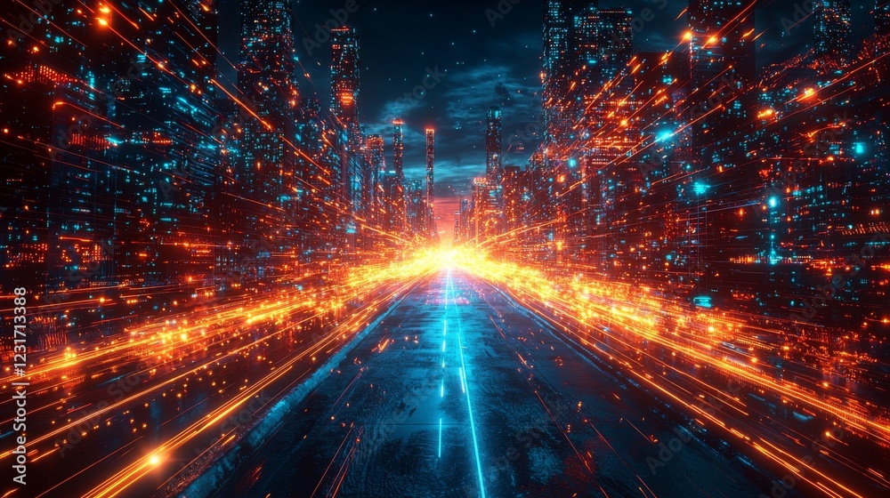 Speed light trails path through smart modern mega city and skyscrapers town with neon futuristic technology background, future virtual reality, motion effect, high speed light. Abstract Speed light trails path through smart modern mega city and skyscrapers town with neon futuristic technology background, future virtual reality, motion effect, high speed light. Abstract