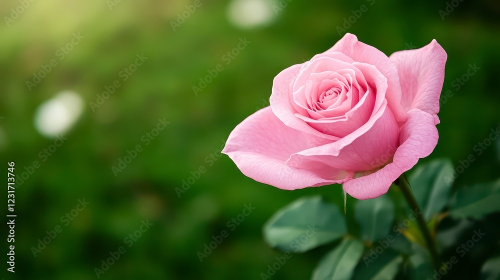 Beautiful Pink Rose Blooming on Bright Green Background Beautiful Pink Rose Blooming on Bright Green Background