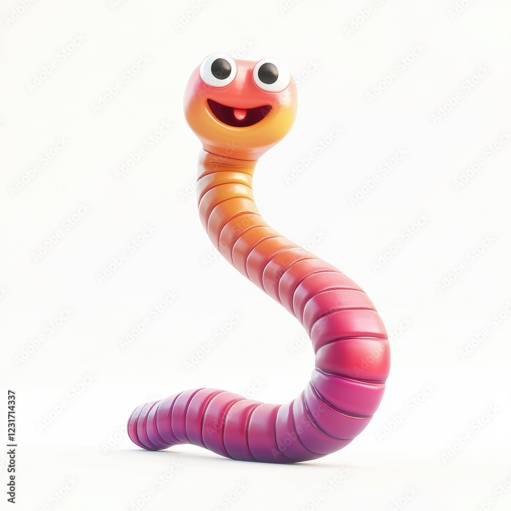 Fototapeta premium Long segmented worm stretching out of the ground, centered on a clean white background
