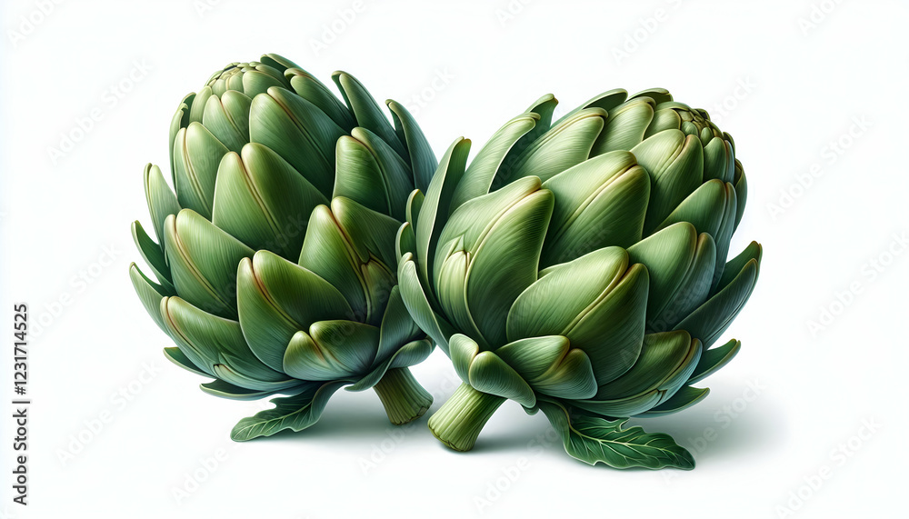 Fototapeta premium Vegetables two green artichoke with its leaves slightly curled, showcasing its distinctive texture and shape ag1