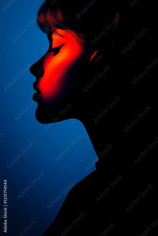 A moody, low-key portrait capturing the woman’s face in partial shadow, headphones lit by a gentle, diffused cobalt glow, A moody, low-key portrait capturing the woman’s face in partial shadow, headphones lit by a gentle, diffused cobalt glow,
