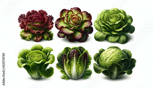  Vegetables Eight lettuces isolated on a white background, arranged symmetrically in two rows The top row includ4 photo