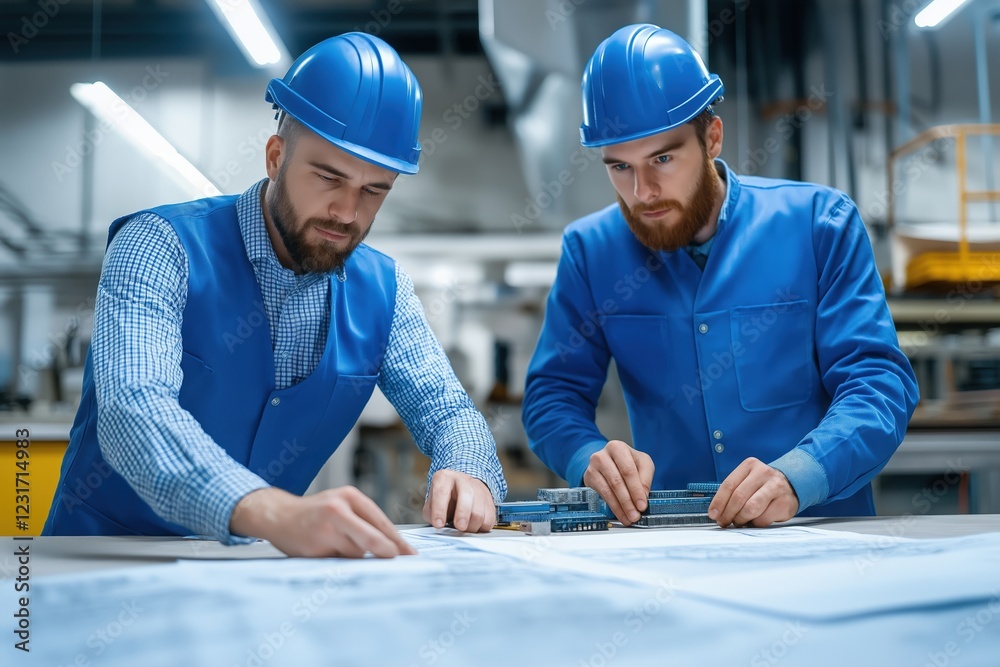 Caucasian male engineers reviewing blueprints in industrial setting Caucasian male engineers reviewing blueprints in industrial setting