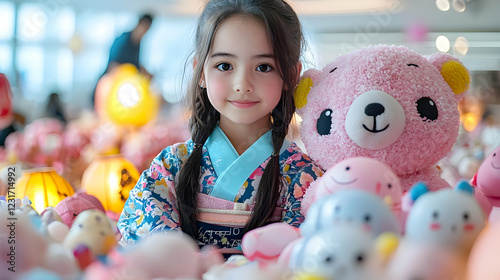 Girl in Kimono with Teddy Bear, Toy Shop, Festive Background photo