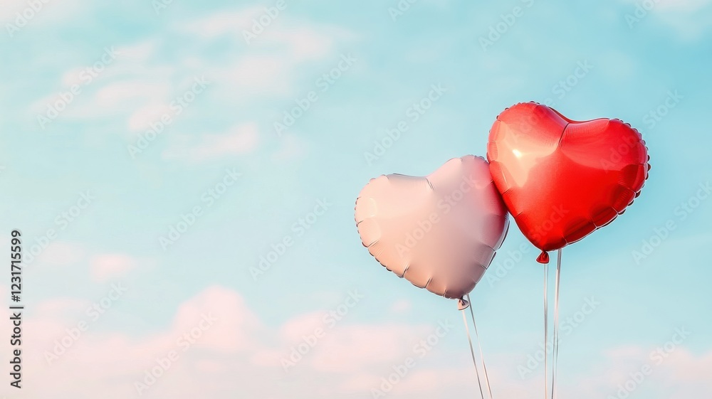 Obraz premium Two heart-shaped balloons, one red and one white, float against a blue sky, symbolizing love and affection in a cheerful atmosphere.