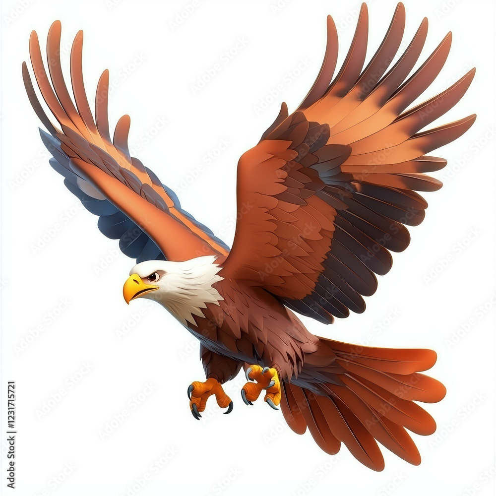 Obraz premium Majestic bald eagle soaring through the sky with its wings spread wide, isolated on a clean white background