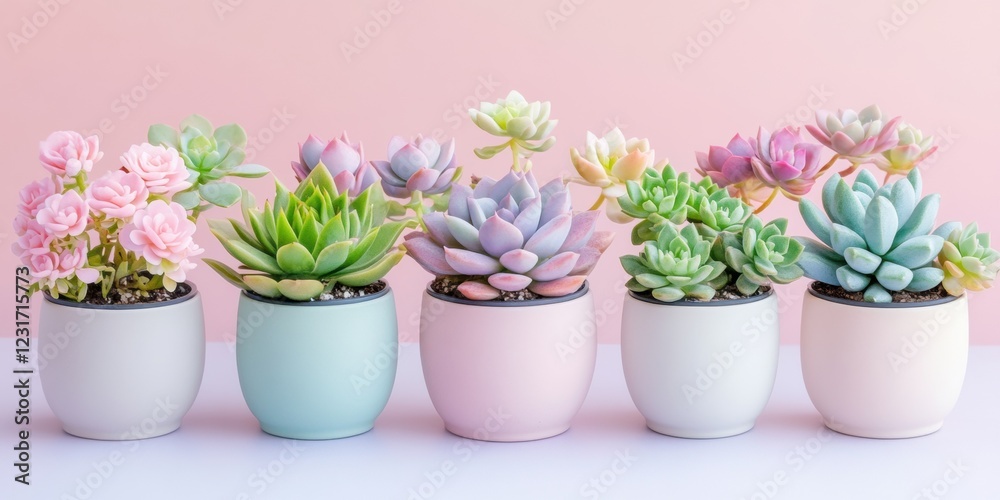 Obraz premium Succulent plants arrangement on pastel colored background. Potted succulent house plants. Flat lay, top view, copy space
