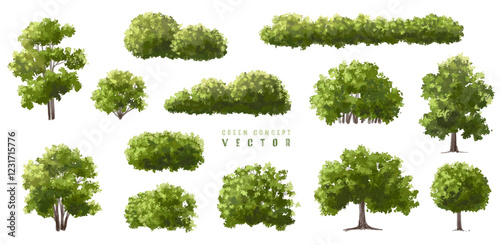  Vector watercolor green  tree or forest side view isolated on white background for landscape and architecture drawing,elements for environment or and garden,Shrub for section