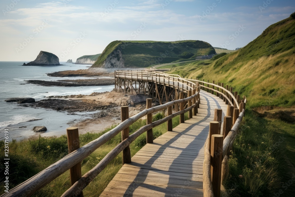 Wooden walkway meanders along a picturesque coastline, offering breathtaking views and a peaceful escape Wooden walkway meanders along a picturesque coastline, offering breathtaking views and a peaceful escape
