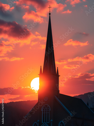 Majestic church steeple reaching towards the sky in a glowing watercolor sunset landscape  The building s silhouette stands out against the vibrant fiery hues of the sky photo