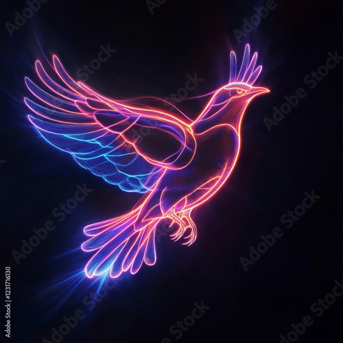 A neon bird with glowing outlines in flight, set against a dark background, showcasing vibrant colors and a futuristic design. photo