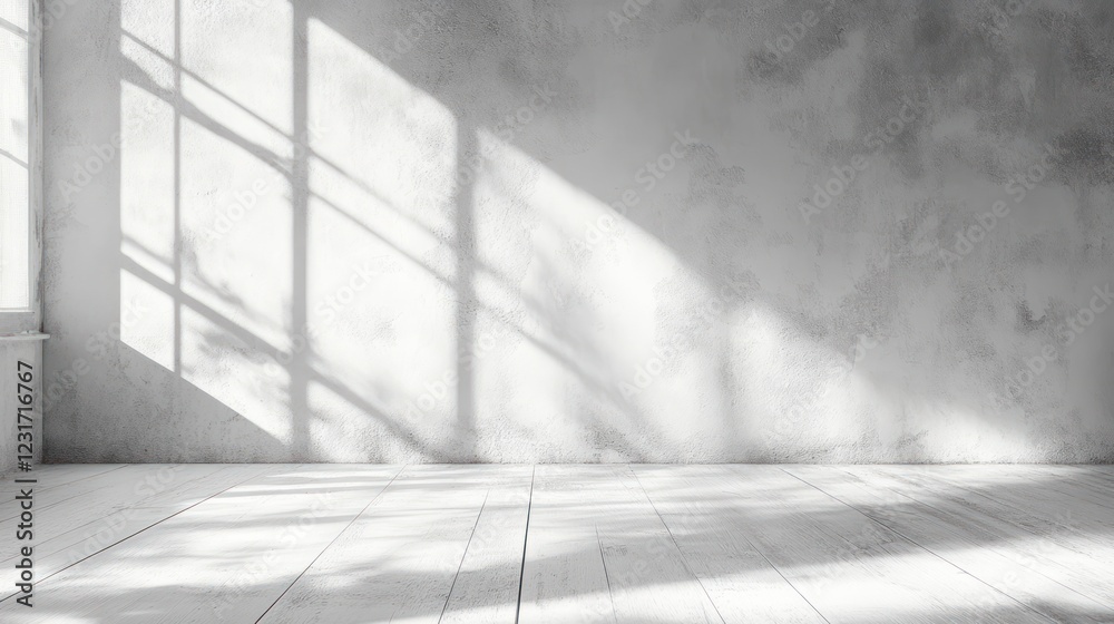 Fototapeta premium Sunlit Room, Empty Interior, White Walls, Wood Floor, Shadow