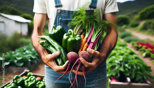  Vegetables A person holding a bundle of vegetables in front of their body, showcasing a variety of green bell p2 photo