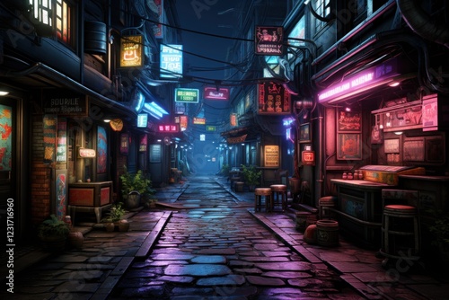 Night Market Alleyway, Neon Lights, Asian City, Cobblestone Street, Game Background