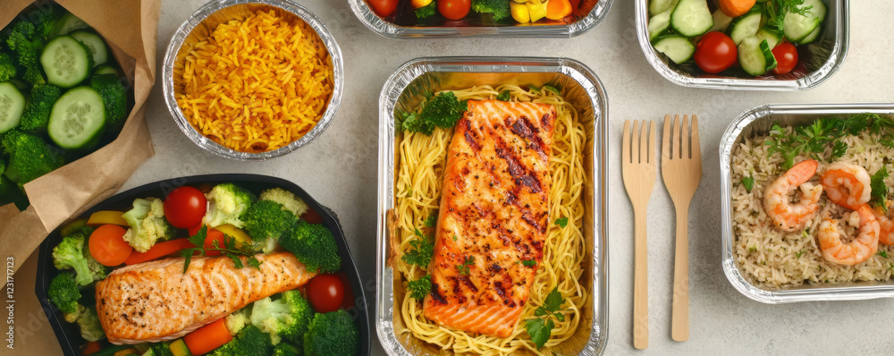 Grilled Salmon Fillet with Vegetables in Meal Prep Tray Grilled Salmon Fillet with Vegetables in Meal Prep Tray