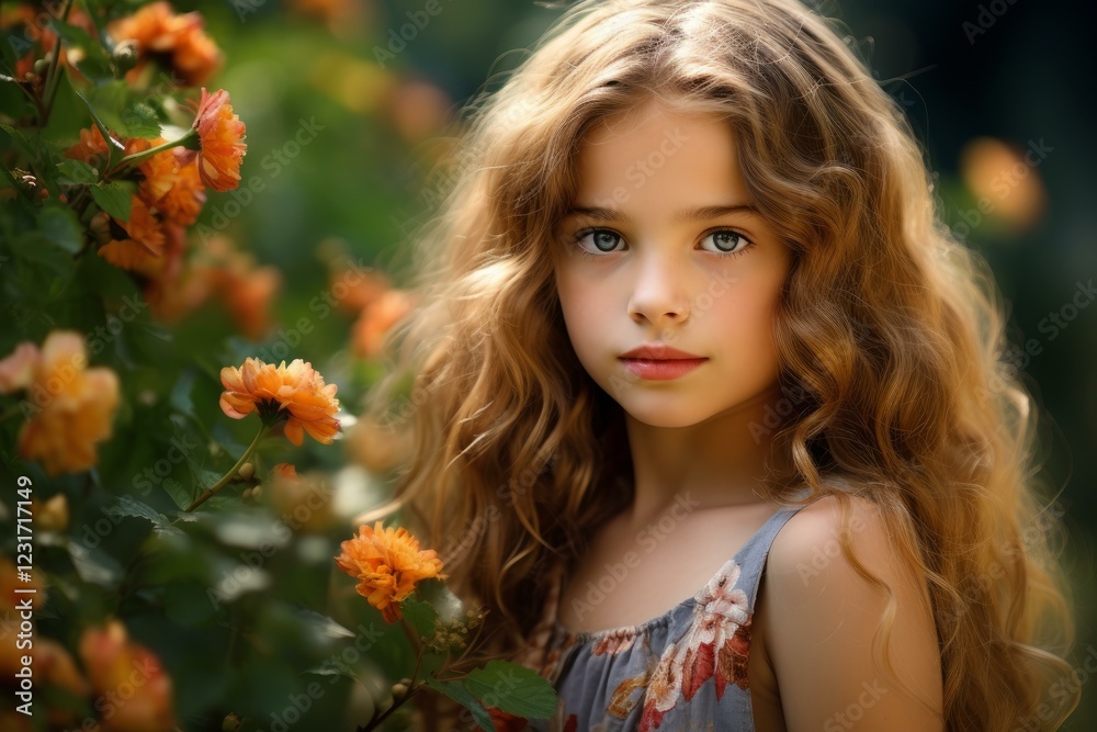 Naklejka premium Cute young girl with long blonde curly hair posing near blooming orange flowers in a garden