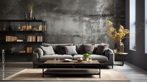 Modern gray sofa, industrial shelving, textured wall, living room interior design photo