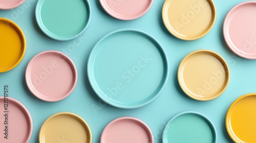Wallpaper Mural Colorful Round Dinner Plates in Pastel Hues on a Soft Blue Background for Table Decor and Food Presentation Torontodigital.ca