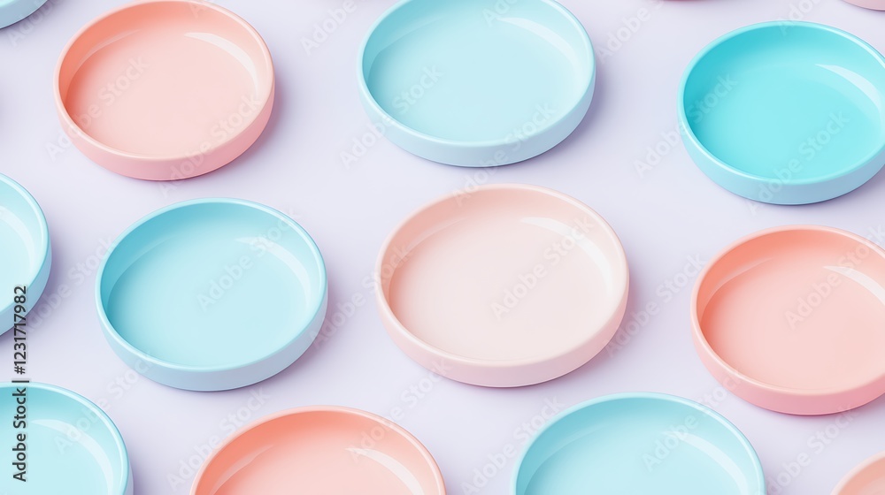 Colorful round plates arranged in a playful pattern against a light background for creative culinary displays Colorful round plates arranged in a playful pattern against a light background for creative culinary displays