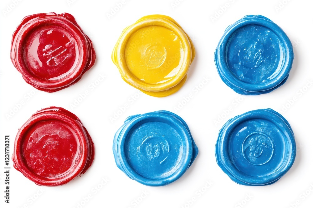 Six colorful wax seal stamps on white, good for letters or crafts Six colorful wax seal stamps on white, good for letters or crafts