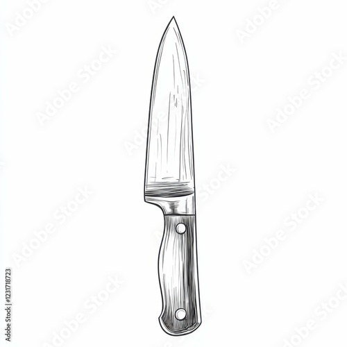 vector style flat illustration cutting knife, hand-drawn, top view, white background, sketchy and soft, subtle shadows on blade and handle, minimal and clean. clean lines 2D design photo