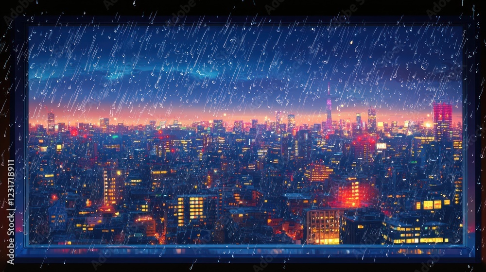 Fototapeta premium Rainy night cityscape viewed from window, raindrops falling