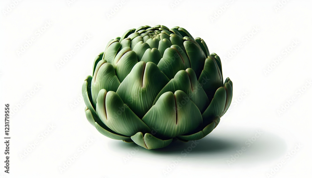Obraz premium Vegetables A green artichoke arranged on its side, highlighting its layers and unique shape, isolated against a3