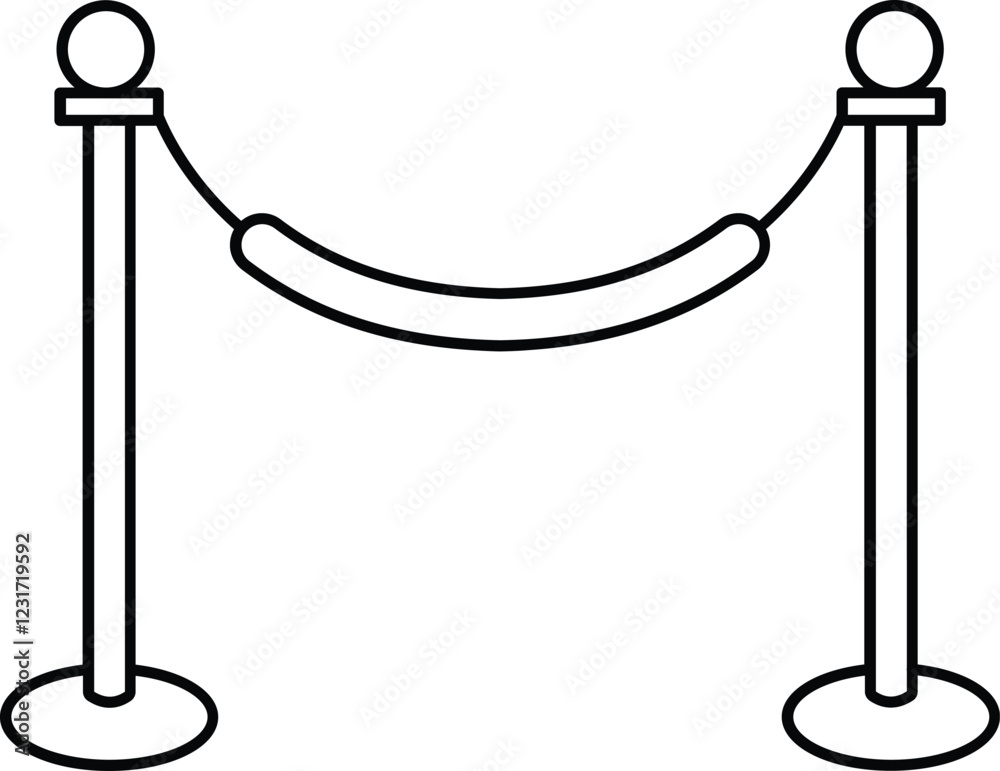 Barrier with rope and gold poles, fence for red carpet or vip event, museum or gallery stanchion Outline Barrier with rope and gold poles, fence for red carpet or vip event, museum or gallery stanchion Outline