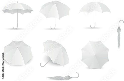 Set of white umbrellas in various positions. Open and folded umbrella.