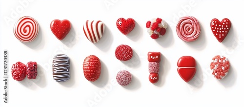 Red candy hearts, lollipops, and sweets on white background; Valentine's Day gift photo