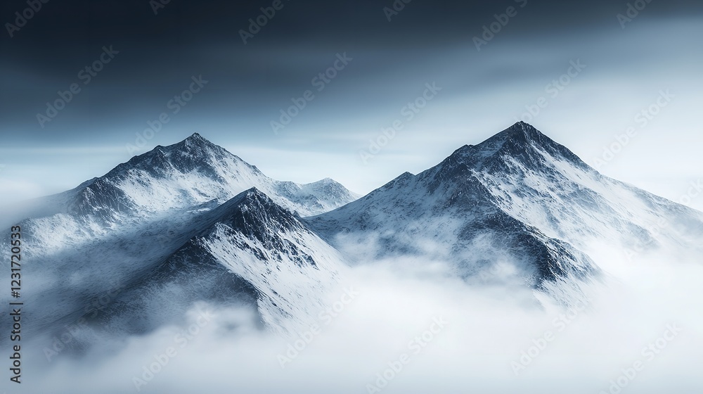 Obraz premium Snow-Capped Mountains Enveloped in Drifting Fog with a Wintery Atmosphere
