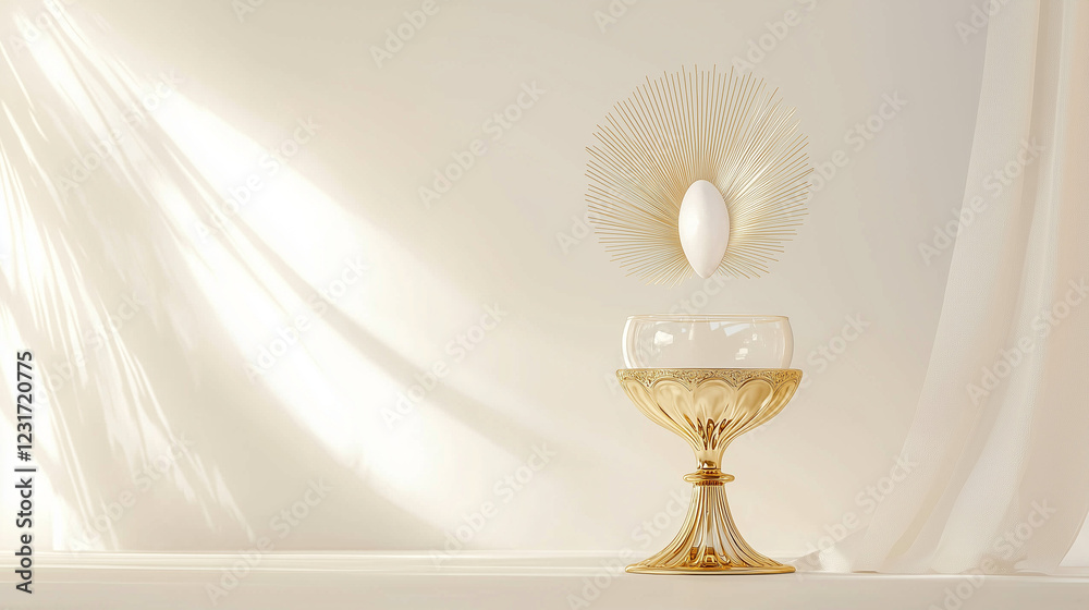 An elegant, minimalist depiction of a chalice and the Eucharist, with a small host above it. The soft white background and pastel gold shades evoke purity and reverence for the First Communion. An elegant, minimalist depiction of a chalice and the Eucharist, with a small host above it. The soft white background and pastel gold shades evoke purity and reverence for the First Communion.