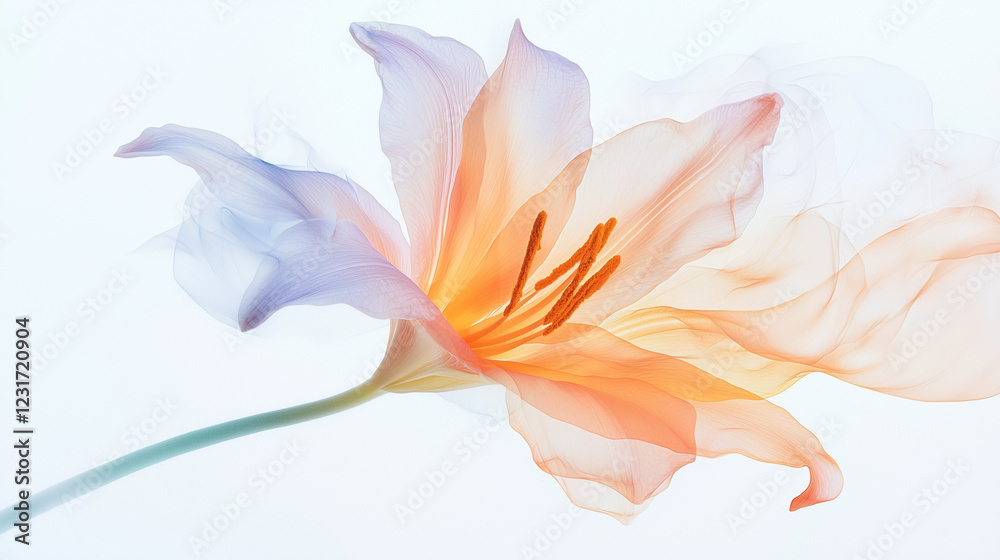 Fototapeta premium A minimalist, single Easter lily against a white background, its delicate petals glowing with soft pastel colors. The design emphasizes purity and the renewal of life during Easter. 