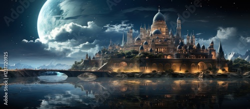 Fantasy castle, moonlit lake, bridge, mountains; game, book cover
