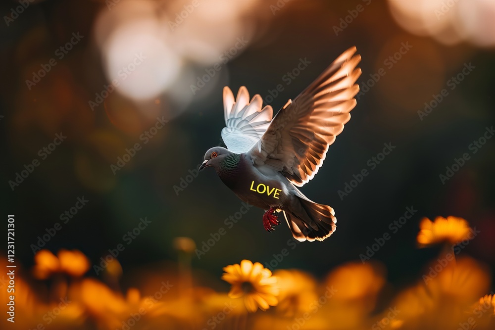 Fototapeta premium A beautiful pigeon in mid-flight, gracefully soaring amidst vibrant flowers, symbolizing freedom and love. Dove of Love and Peace, Valentine’s Day