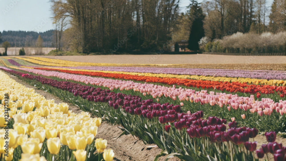 Obraz premium Vibrant tulip fields stretch to horizon, showcasing colorful array of blooms in various shades. scene evokes sense of tranquility and beauty