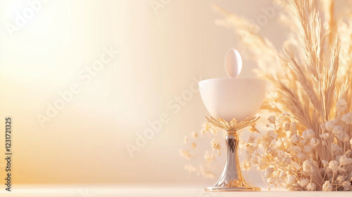 An elegant, minimalist depiction of a chalice and the Eucharist, with a small host above it. The soft white background and pastel gold shades evoke purity and reverence for the First Communion
