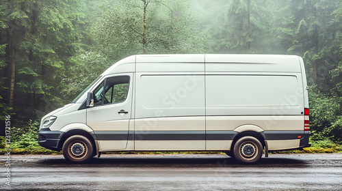 Photo: White Delivery Van Parked on a Dirt Road in a Misty Forest