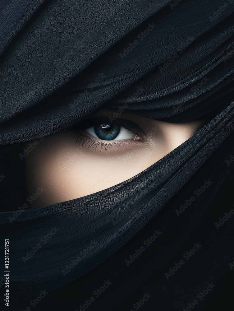 Mysterious Gaze: A Woman's Eye Partially Hidden Behind Dark Fabric Mysterious Gaze: A Woman's Eye Partially Hidden Behind Dark Fabric