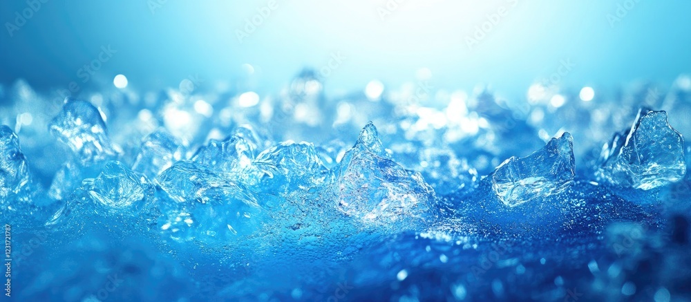 Crystal clear ice shards on a reflective surface with a blue gradient background, creating a cool and refreshing atmosphere in the image. Crystal clear ice shards on a reflective surface with a blue gradient background, creating a cool and refreshing atmosphere in the image.