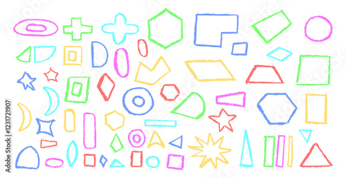 Set of basic geometric shapes. Circle, square, rectangle, triangle and other polygons drawn with charcoal. Collection of outlines geometric symbols for school written by children. Vector illustration.