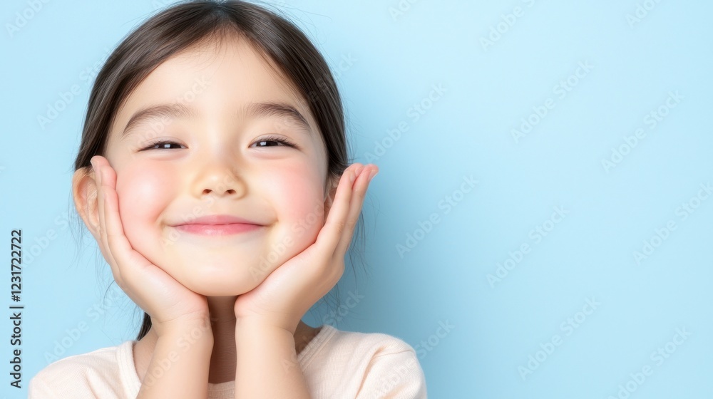 Happy Little Girl Smiling with Rosy Cheeks on a Light Blue Background Happy Little Girl Smiling with Rosy Cheeks on a Light Blue Background