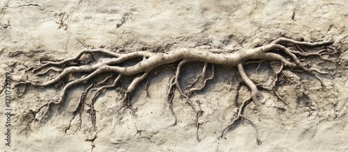 Artistic depiction of a cracked tuberous root with detailed textures and features against a neutral background, highlighting earthy tones and shapes.